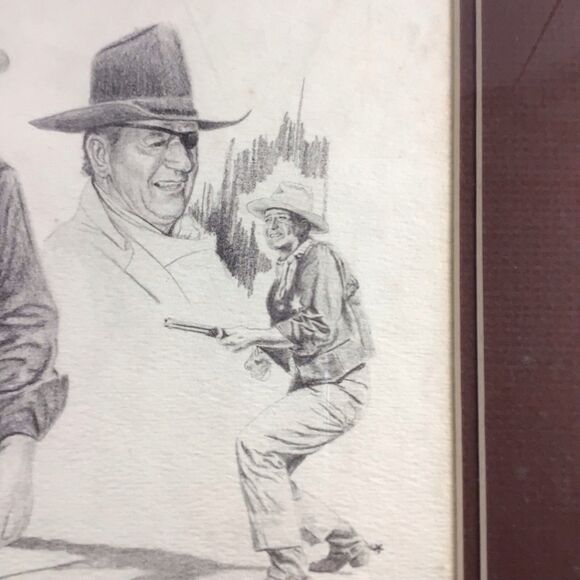 Vintage 1975 Glen Base John Wayne Pencil Sketch Art Framed - Picture 9 of 16